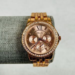 Relic Watch Womens 35mm Rose Gold Tone Pave Crystal Bezel New Battery 6.5"